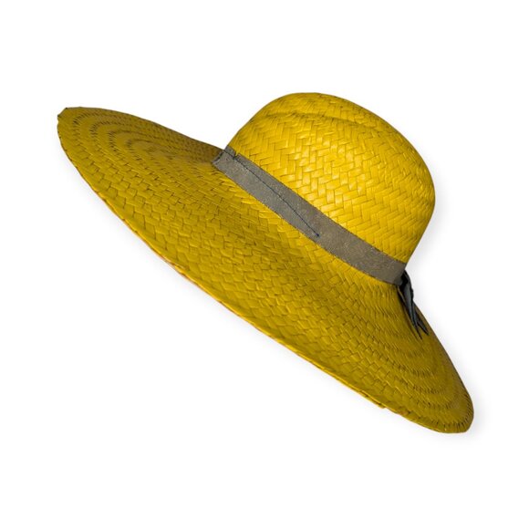 Vintage Yellow & Tan Straw Woven Wide Brim Hat w/Ribbon Accent - Picture 1 of 11